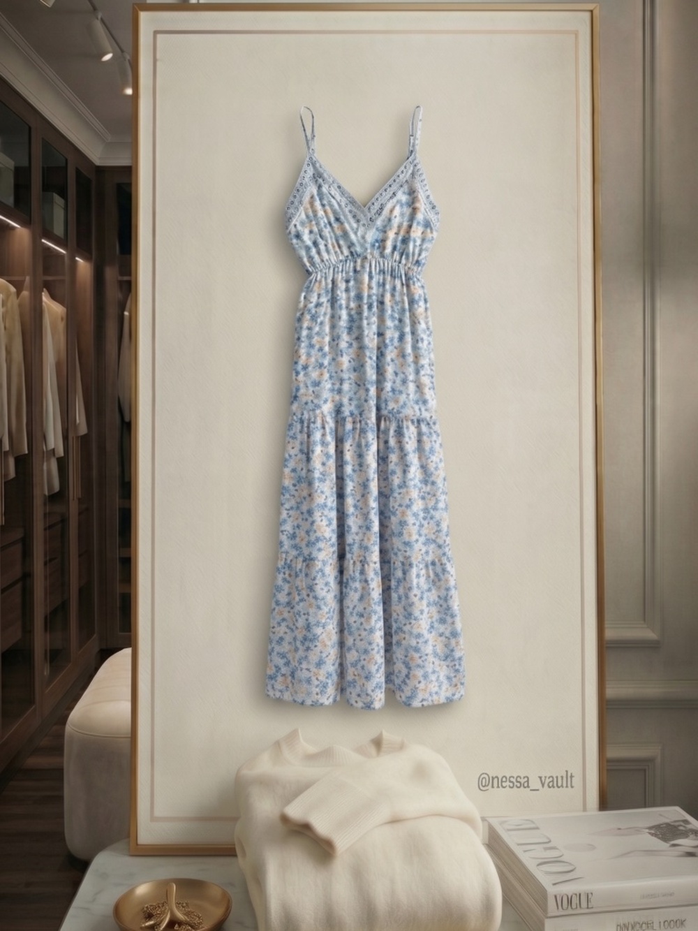 Light Blue Floral Maxi Dress with studded Jean-Trim V-Neck